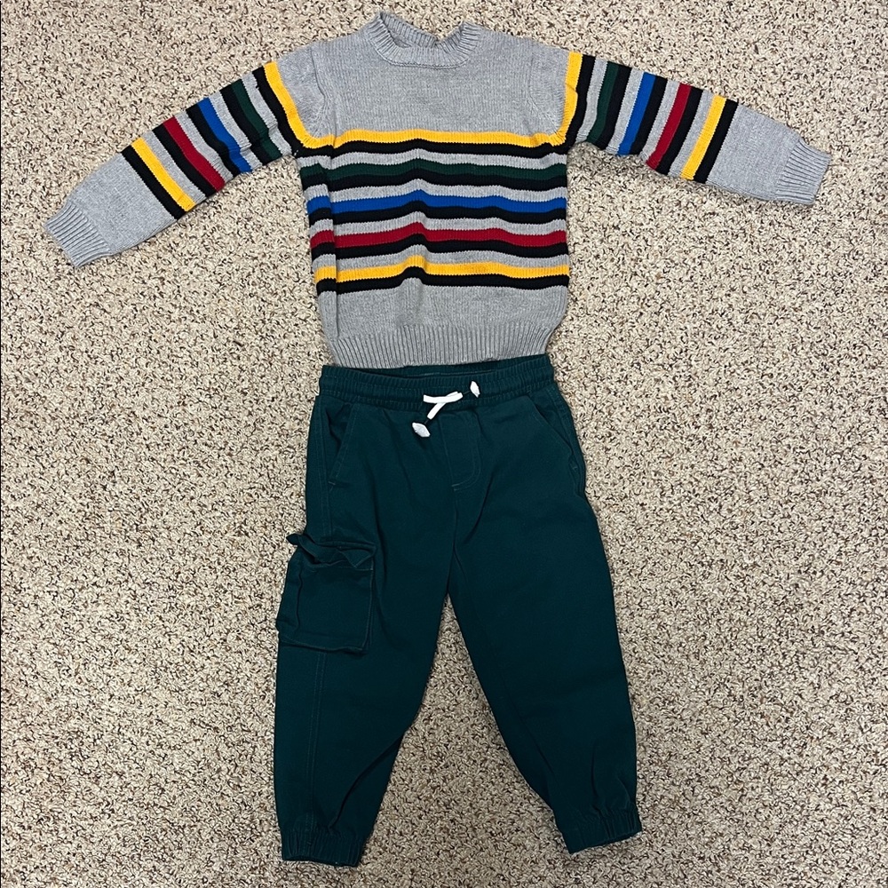 Kids' stitch & stone grey striped sweater and Dark Green Jogger Pants